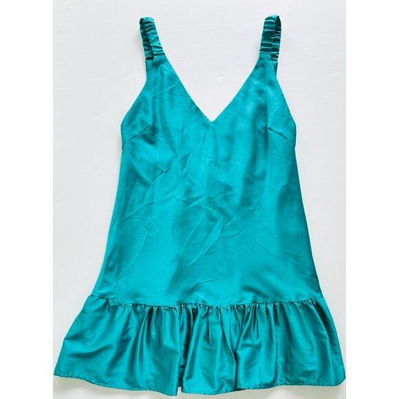 Hemline Rita Miin Ruffle Dress Emerald Green Size Medium Satin Cocktail Party - Picture 2 of 11